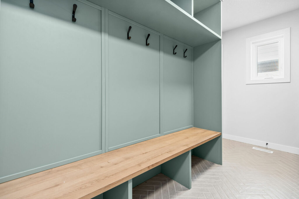 mudroom painted minty green