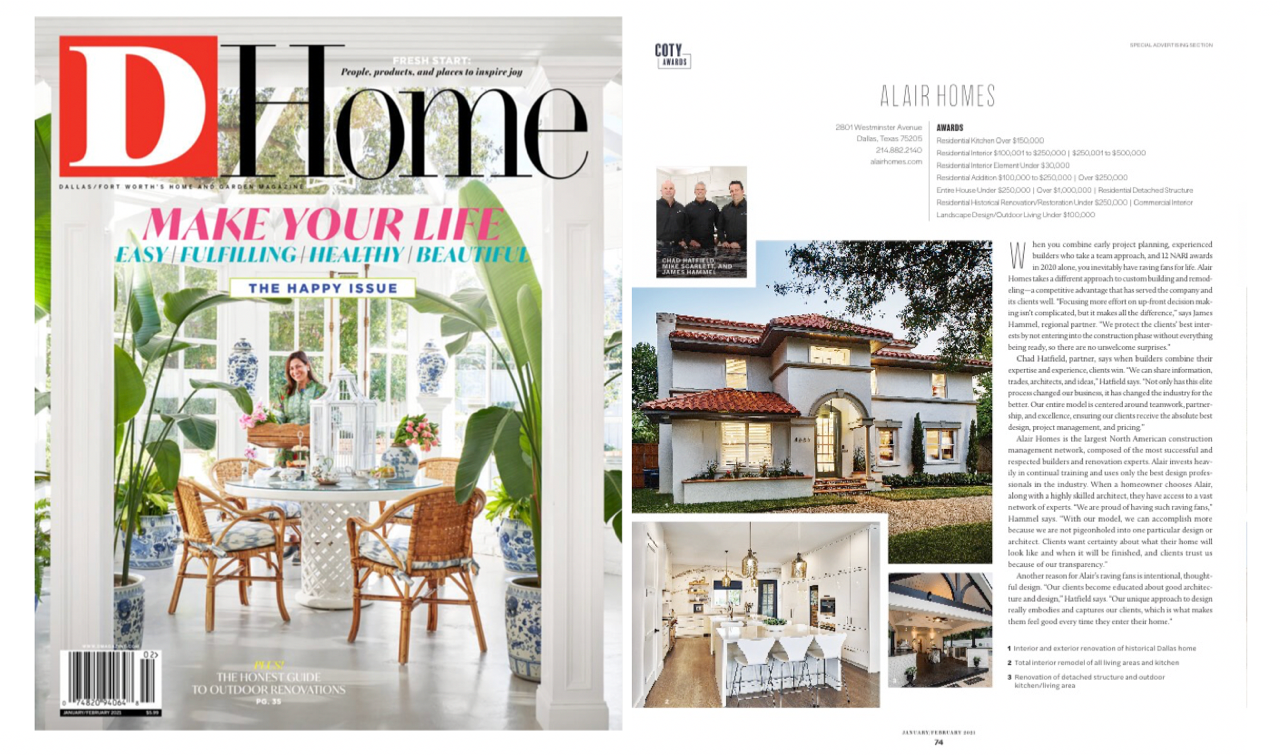 D Home &amp; Building Savvy Feature Alair Dallas-Fort-Worth&#8217;s NARI North Texas 2021 CotY Award Wins