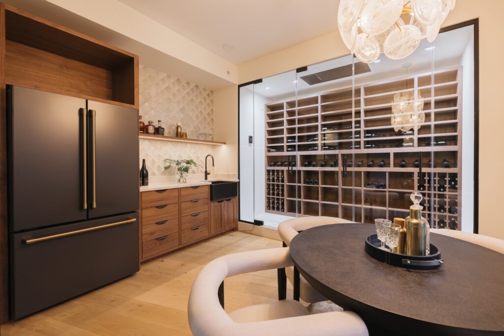 a beautiful photo of a wet bar design idea and a wine wall in a custom home on Mercer Island