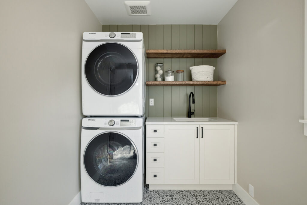 board and batten wall in a laundry room in a custom home built by Alair Homes Kirkland on Lake Washington 