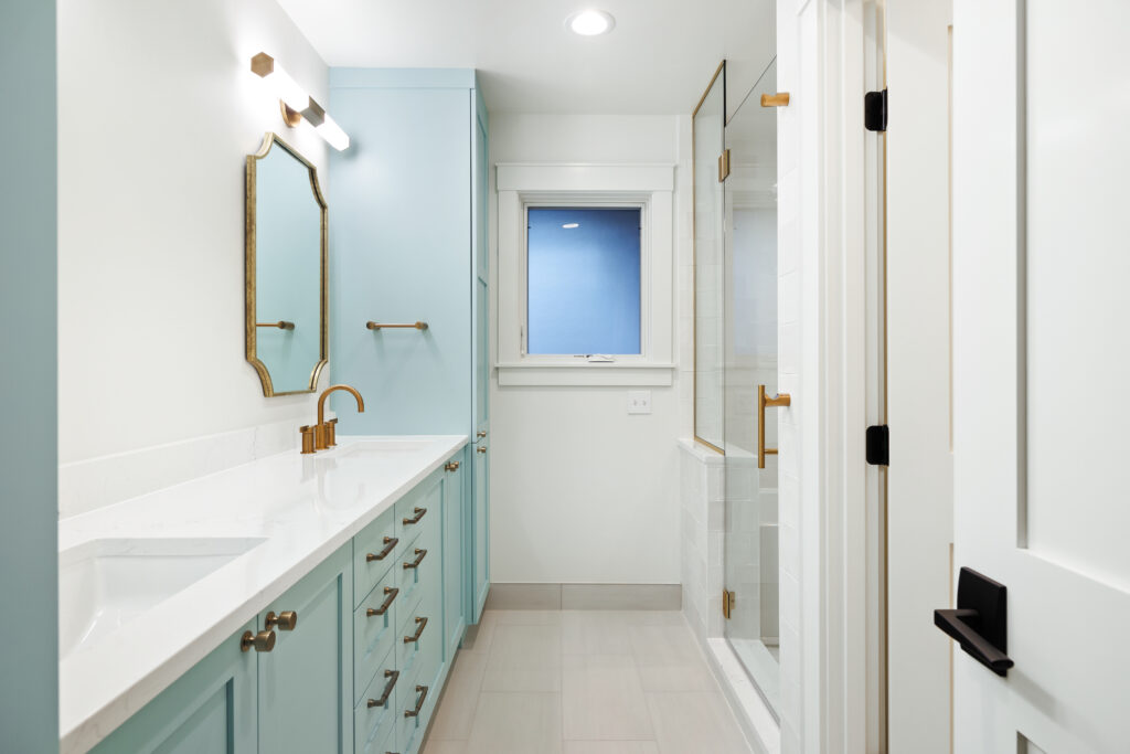 contemporary Hexagon Vanity Light in a custom bathroom by alair homes kirkland | Stacy Eakman