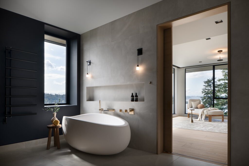 a free standing tub in a beautiful bathroom in a custom home on lake washington 