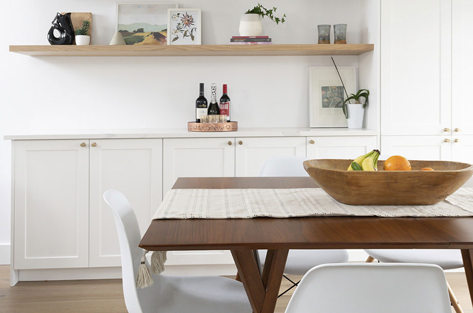 custom kitchen with modern minimalistic shelves with plants and nice decor