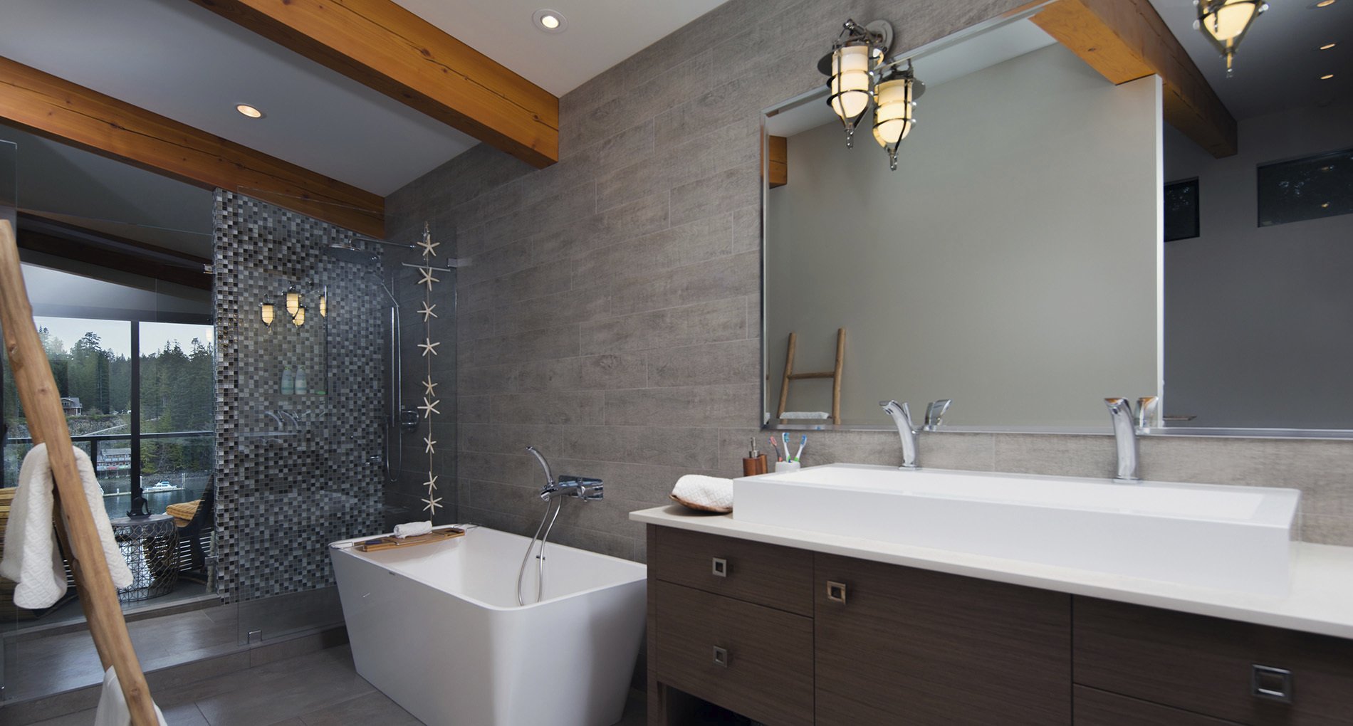 custom spa bathroom with destination tub glass dividers and wood accents