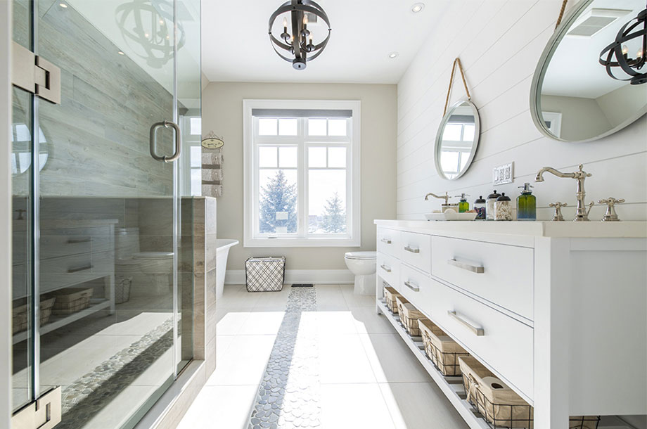 guest bathroom in bradford custom home all white cabinets shine in natural light