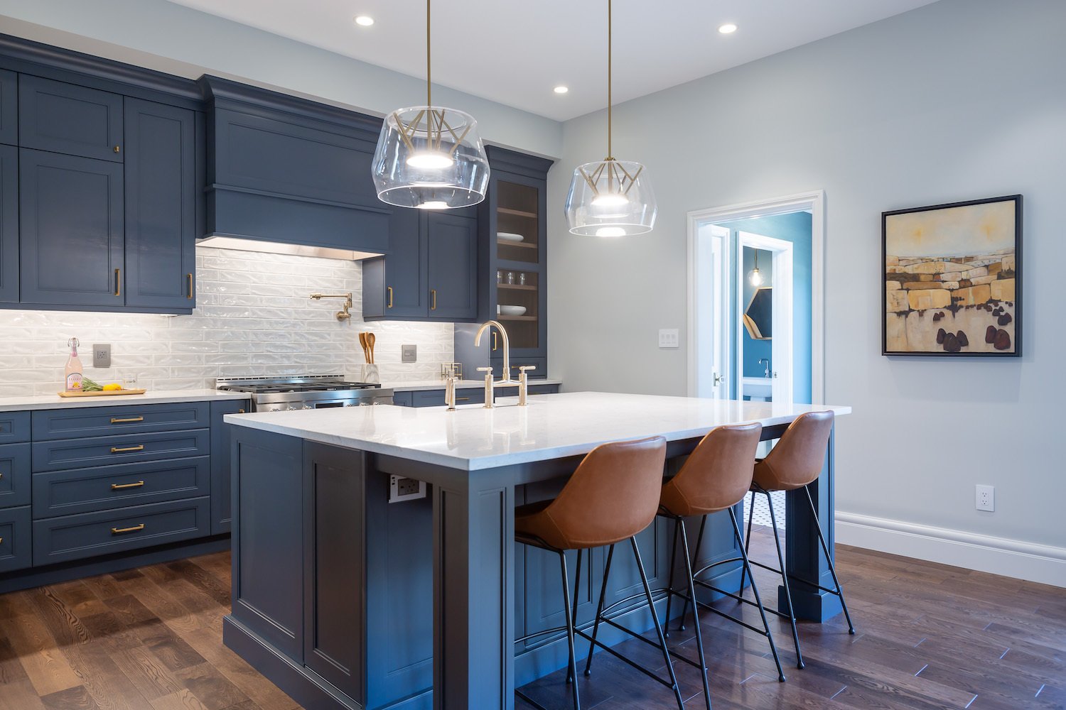 Blue Lower Cabinets Accent South Etobicoke Kitchen