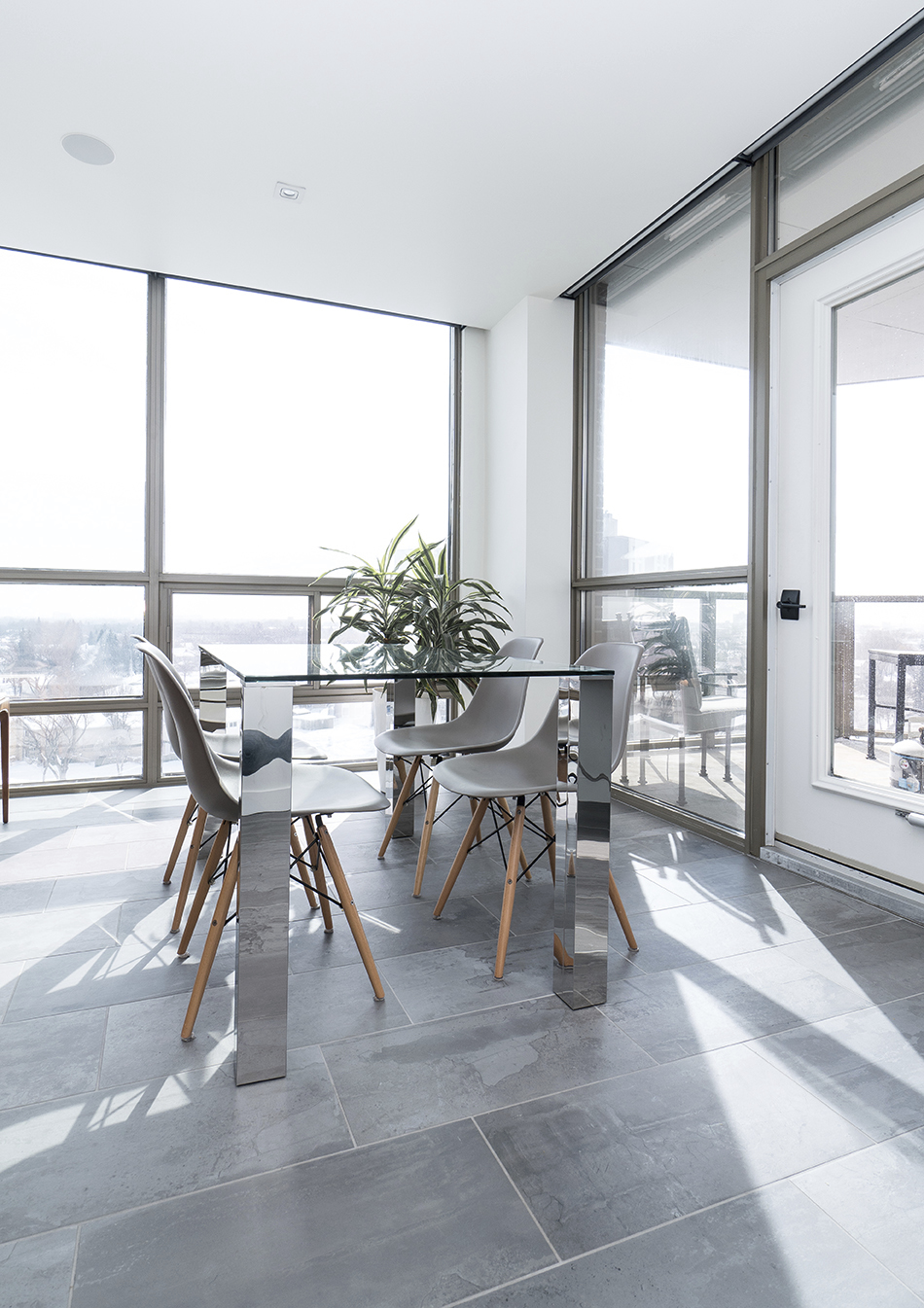 custom dining area with large plant and floor to ceiling windows giving all natural light