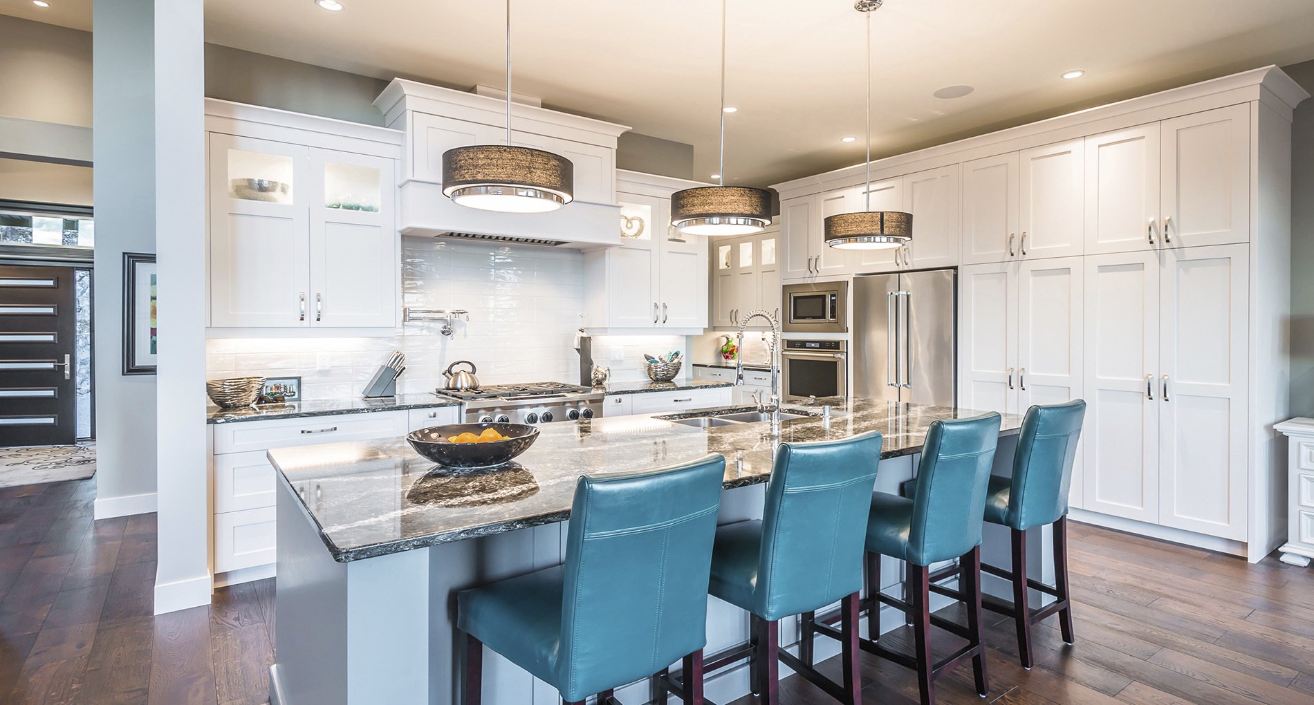 Blue Upholstered Seating in Neutral Delta Kitchen