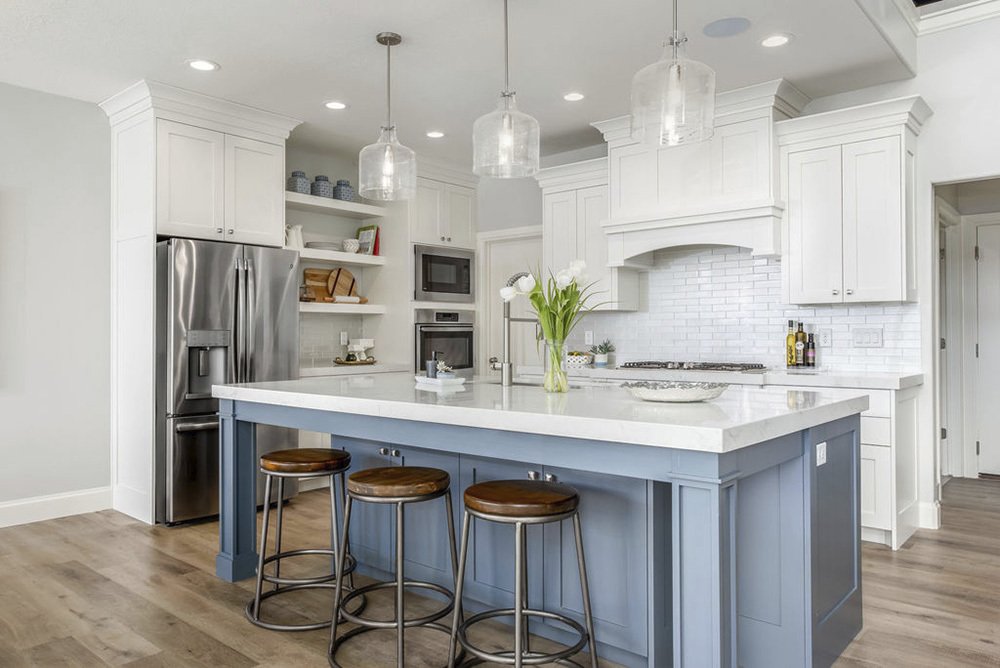 Cool-Toned Blue for Camrose Lower Kitchen Cabinets 