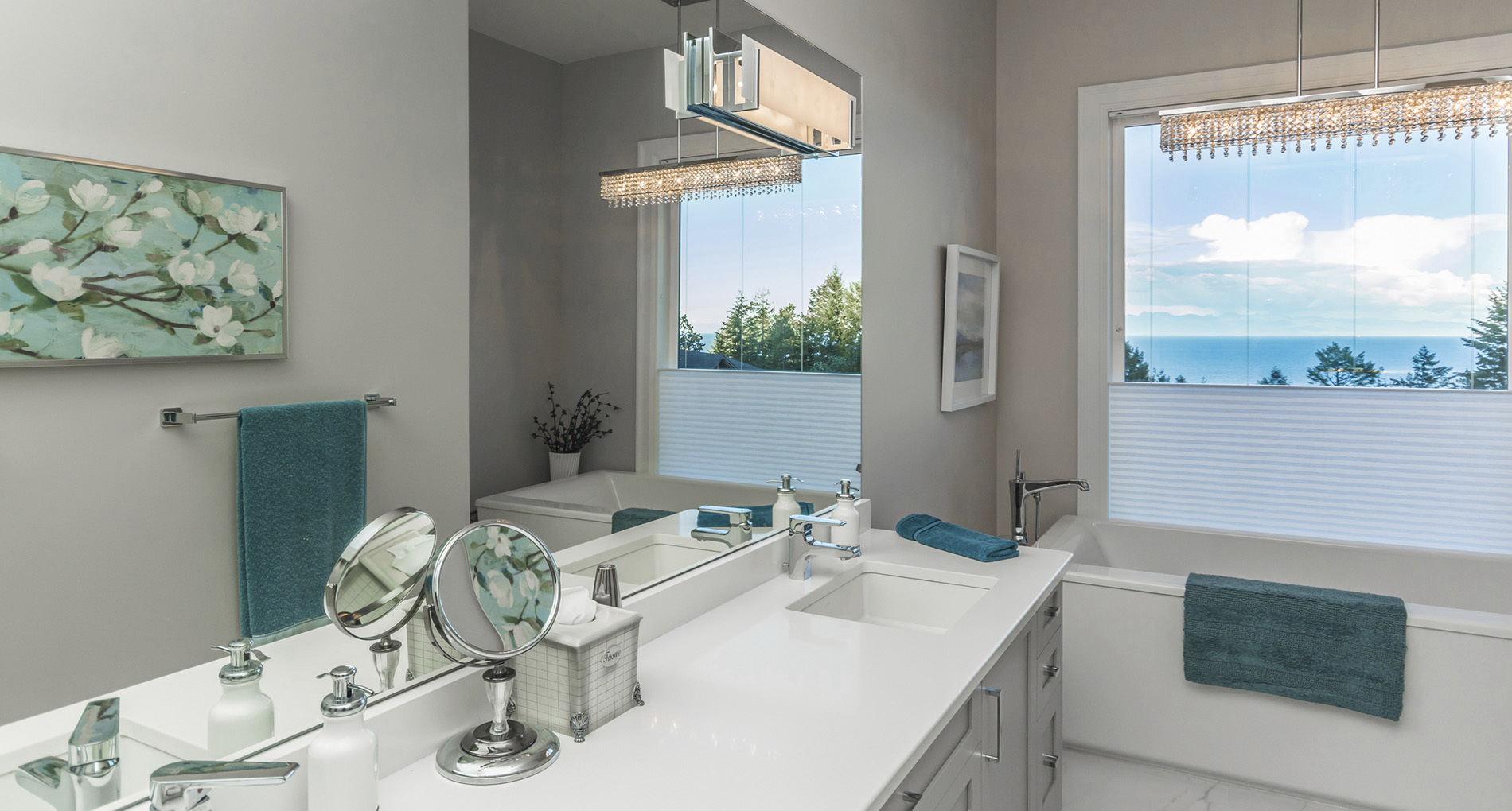 custom bathroom with large window beside private tub