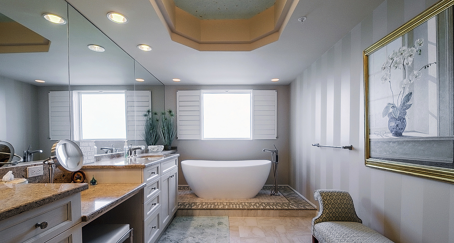 spa style custom all white bathrooms with oak ceiling inset and destination tub 