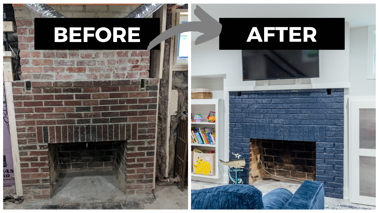 before and after photo of the uncovered fireplace