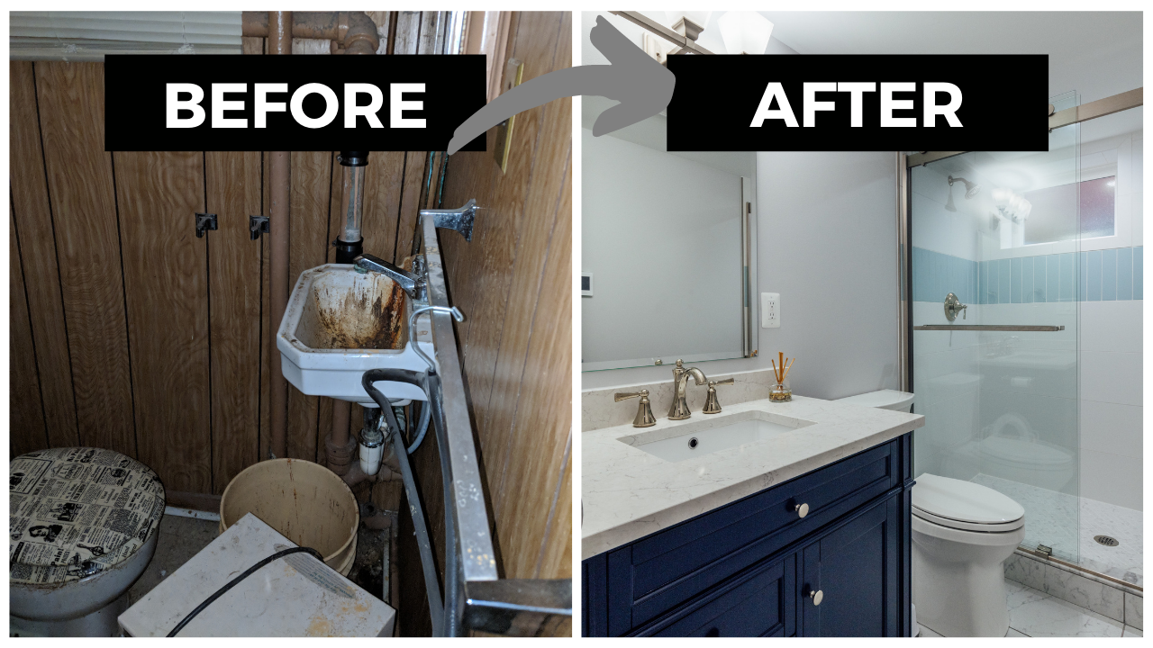before and after photo of the bathroom renovation