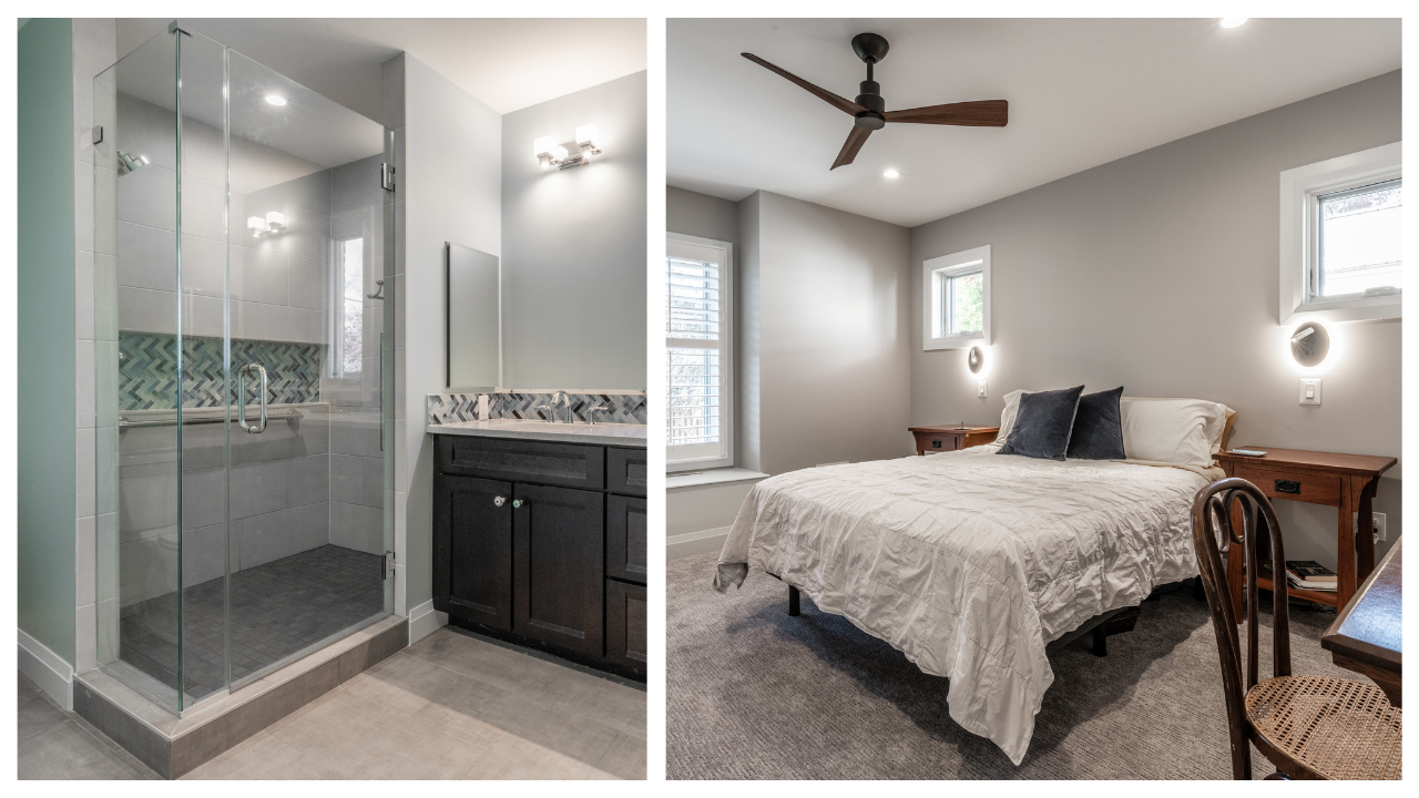 bathroom and master bedroom of remodeled home