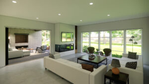 Rendering of a living room with a modern fireplace