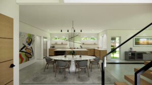 rendering of a modern open dining room and kitchen room