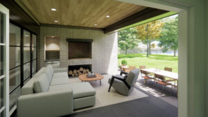 rendering of a screened in porch with a wood-burning fireplace