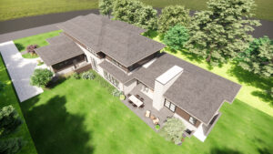 Birdseye view of the back elevation of a high-performance modern prairie home