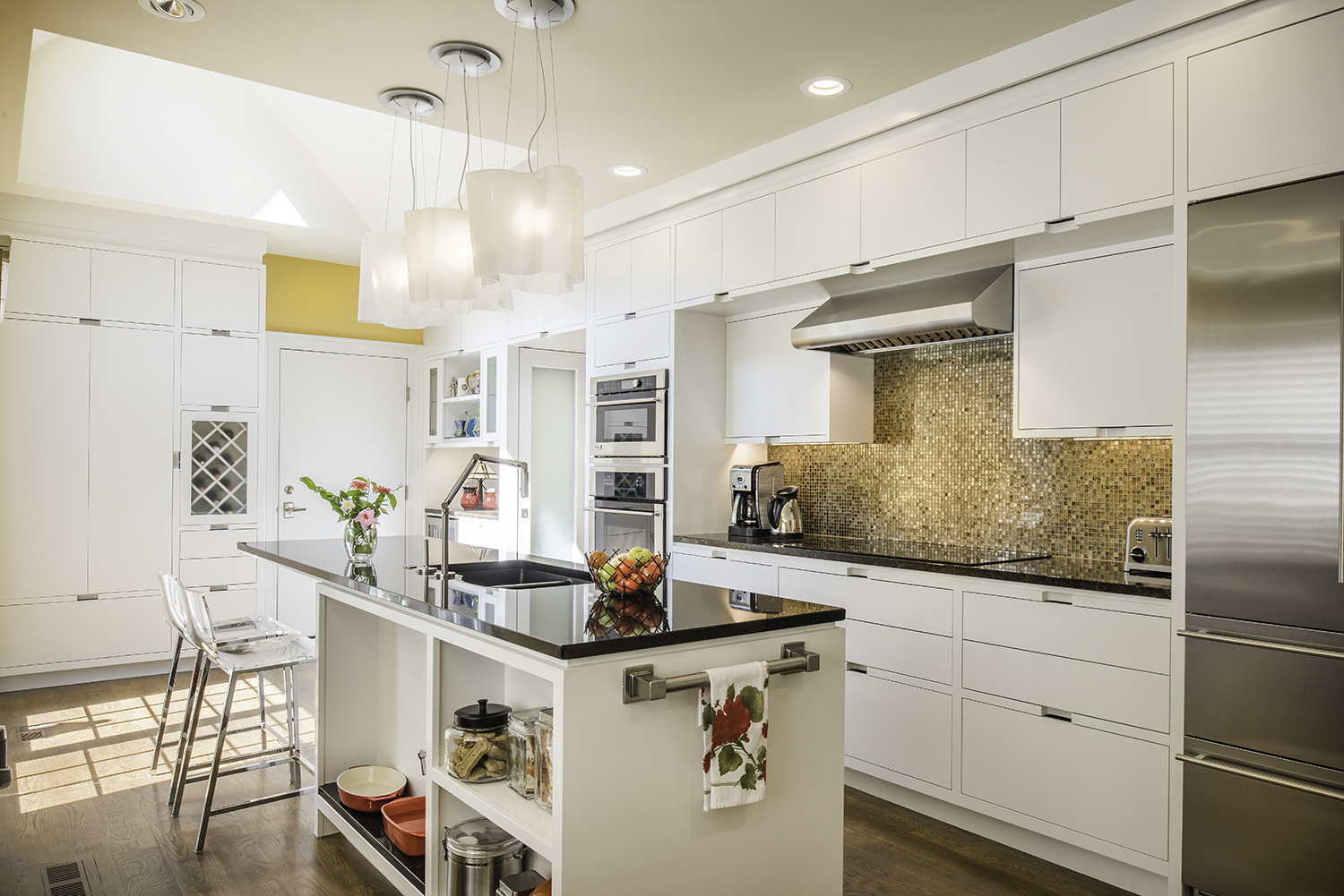 custom solon kitchen white cabinetry gold backsplash