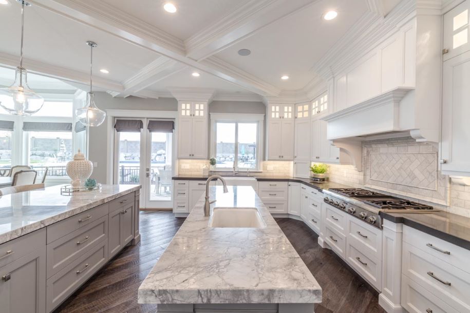 White custom kitchen with white marble counters